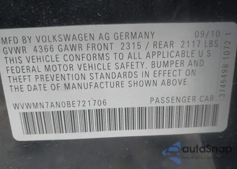 2011 Volkswagen Cc Sport from USA, damaged, VIN WVWMN7AN0BE721706